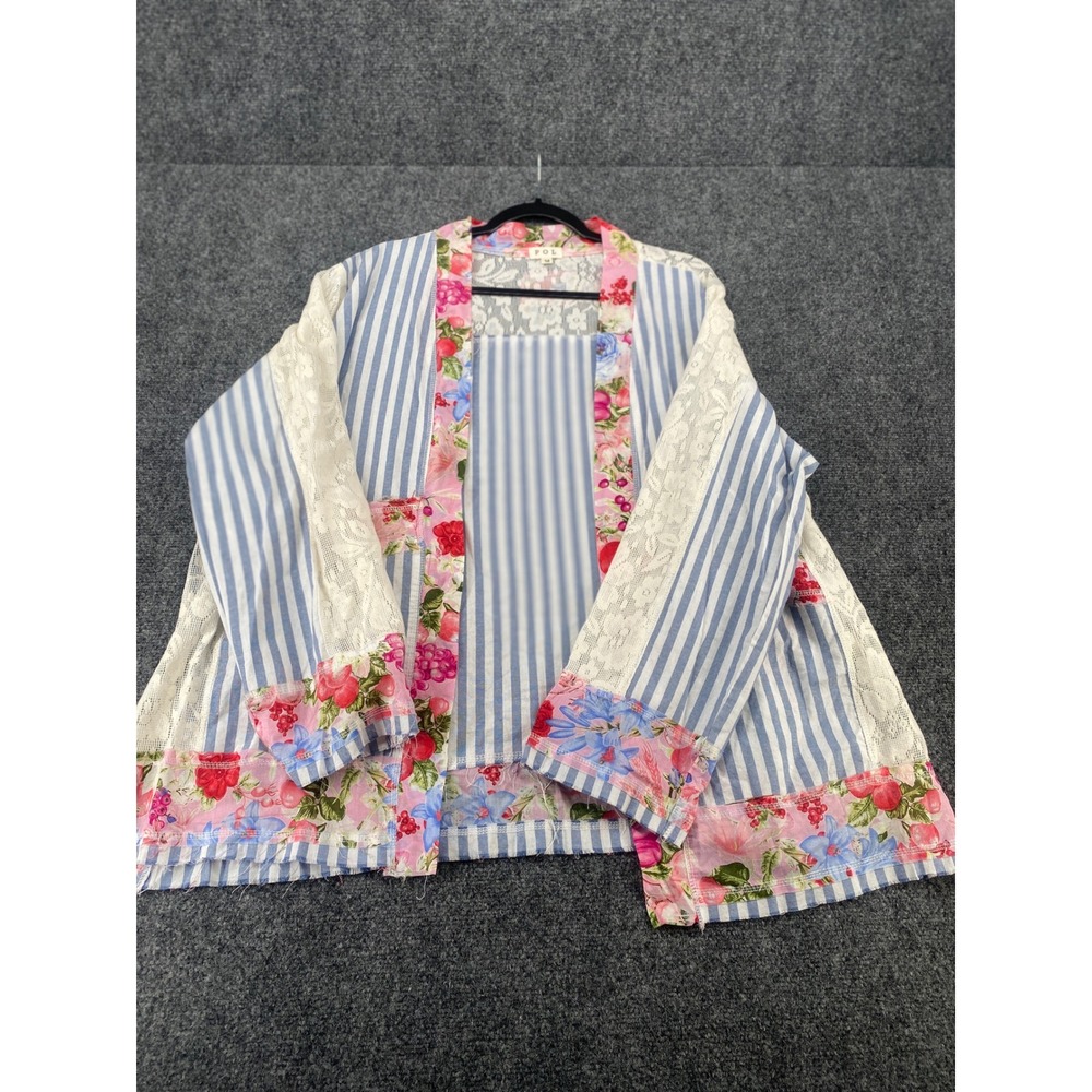 POL Mixed Media Kimono Cardigan Womens Medium Blue White Stripe Floral Lace Boho